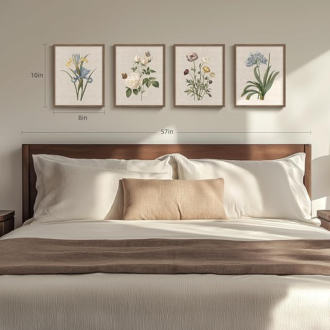 Framed Botanical Wall Art, 4 Piece Vintage Floral Canvas Painting Prints Artwork for Farmhouse Bathroom Wall Decor, Rustic Flower Butterfly Pictures for Bedroom Kitchen Hallway Home Decor, 8x10 Inch