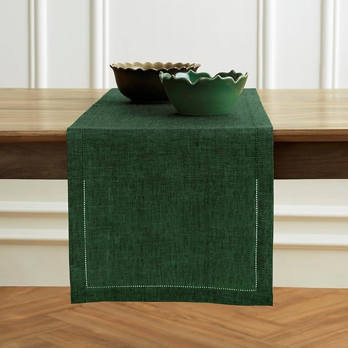 Solino Home Linen Table Runner 90 Inches Long - Milan Hemstitch 100% Pure Linen Forest Green Dining Table Runner 14 x 90 Inch for Winter, St Patricks Day - Handcrafted and Machine Washable
