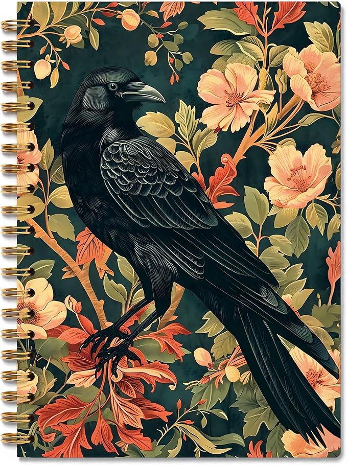 Gothic Dark Crow Notebook, Cottagecore Floral Raven Nature Journal, Raven Gifts for Women, Gothic Dark Academia Witchy Crow Spiral Notebook Journal, Gothic Office Supplies, 5.5x8.3 Inch