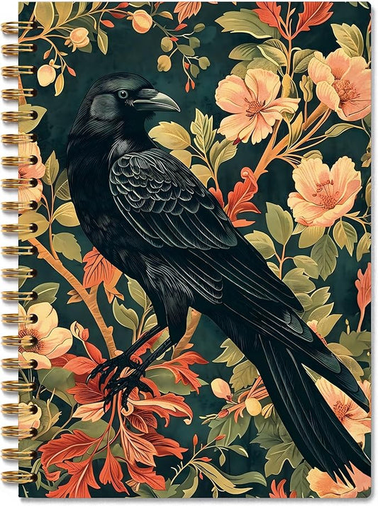 Gothic Dark Crow Notebook, Cottagecore Floral Raven Nature Journal, Raven Gifts for Women, Gothic Dark Academia Witchy Crow Spiral Notebook Journal, Gothic Office Supplies, 5.5x8.3 Inch