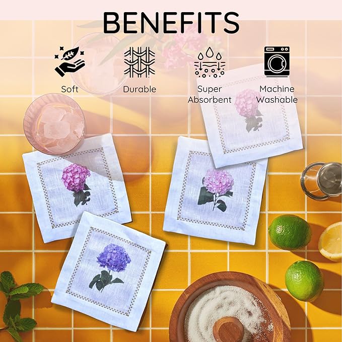 Cocktail Napkins Set of 6, 6x6 inch, 100% Linen, Printed Floral Design, Reusable & Washable Napkin Coasters for Beverages, Parties, Weddings & Everyday Use (Hydrangea)
