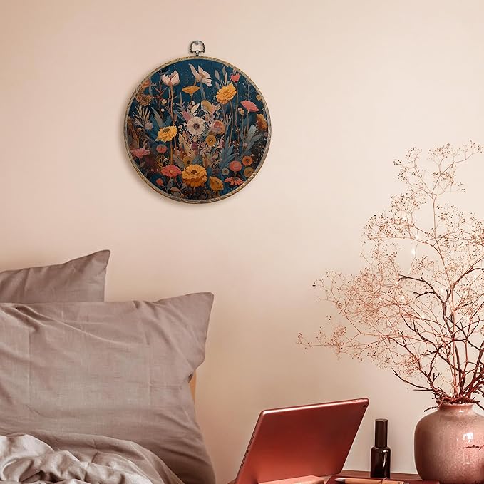 FUGWN Vintage Floral Round Wall Art Decor Framed, Cottagecore Floral Botanical Canvas Artwork Prints, Boho Colorful Wildflowers Wall Hanging Decorations for Home Bedroom Living Room, 10x10 Inch