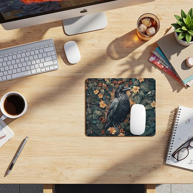 Vintage Moody Raven Mouse Pad, Dark Contemporary Botanical Crow Bird Mouse Pads Mousepad for Desk Home Office Dorm Computers Laptop, Gothic Nature Office Supplies Desk Accessories, 9.5x7.9 Inch