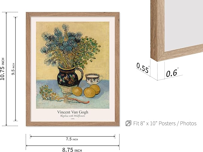 Monem Art Vintage Van Gogh Poster - Retro Majolica with Wildflowers Print - Impressionism Art - Flower Art - Fine Art - Classic Painting Art - Floral Living Room Decor - 8x10 Beige Framed