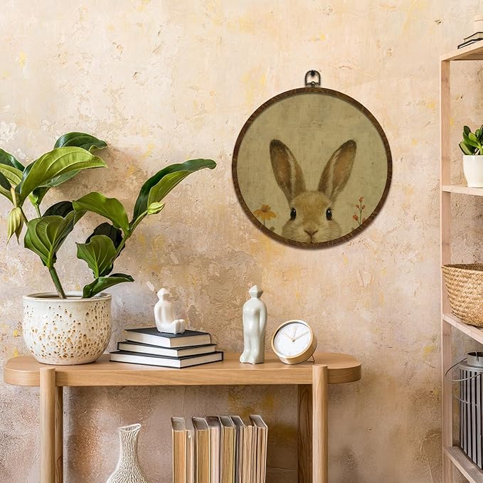 Round Wall Art Framed,Vintage Rabbit Wall Art,Retro Animal Design Hanging Round Wall Decor for Bedroom Living Room,or Office,Easter or Christian Gifts 10x10inch (Rabbit)