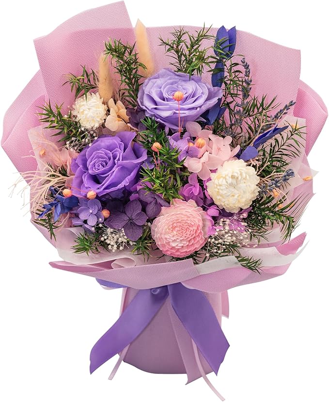 HUACHIPLUS Natural Eternal Flowers Gift: Preserved Flowers Bouquet, Anniversary, Birthday, Mom Gifts for her-Flowers for Delivery Prime-Purple Forever Christmas flower arrangement (Lilac)