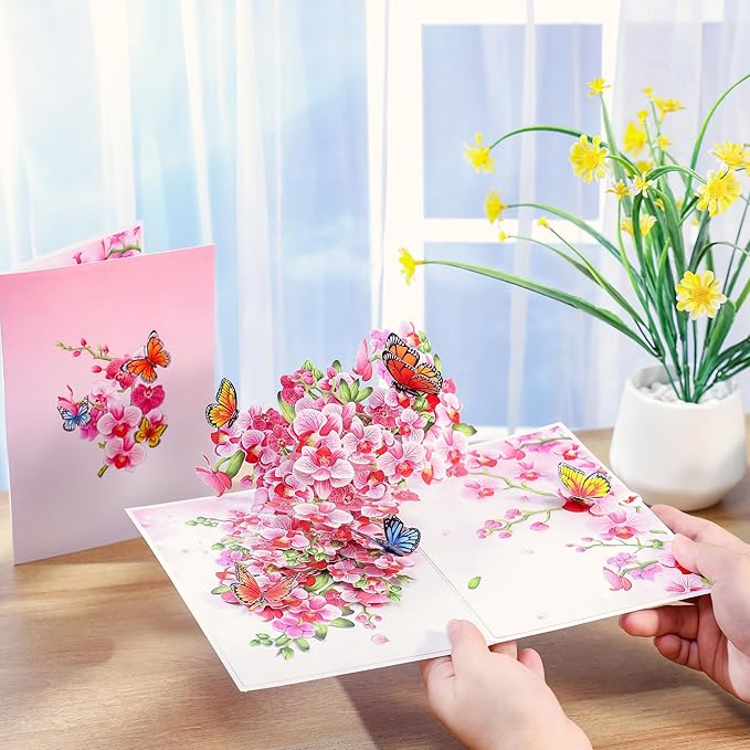Orchids Flower Pop Up Birthday Card for Women, Wife; 3D Butterfly on Orchid Gift Card for Mother's Day, Thinking of You, Valentines, Thank You, All Occasion for Her, Mom, Sister, Grandma, Daughter