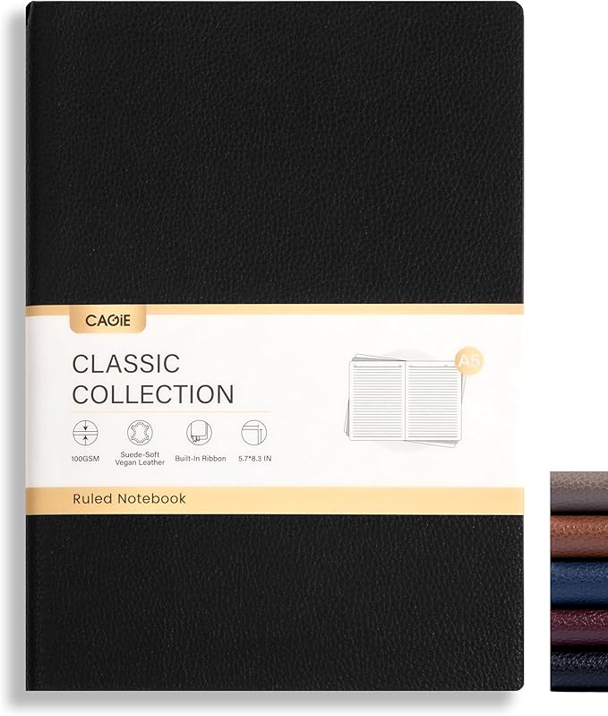 CAGIE Lined Journal Notebook for Men & Women,176 Pages A5 Medium Size Softcover Leather Journals for Writing,Travel,Business,Work & School, 100 GSM Thick Paper (5.7'' x 8.3'') (Black)