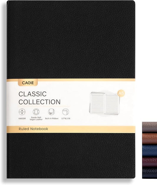 CAGIE Lined Journal Notebook for Men & Women,176 Pages A5 Medium Size Softcover Leather Journals for Writing,Travel,Business,Work & School, 100 GSM Thick Paper (5.7'' x 8.3'') (Black)
