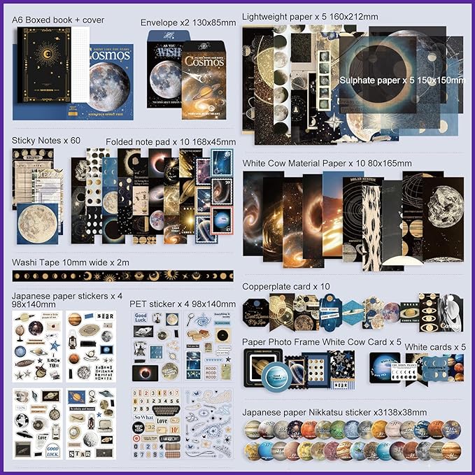 Draupnir Scrapbooking Supplies Kit, Aesthetic Cosmos Scrapbook Kit for Junk Journal, Stationery, Bullet A6 Grid Notebook DIY Scrapbook Birthday Craft Gift for Teen Girl Kid Women