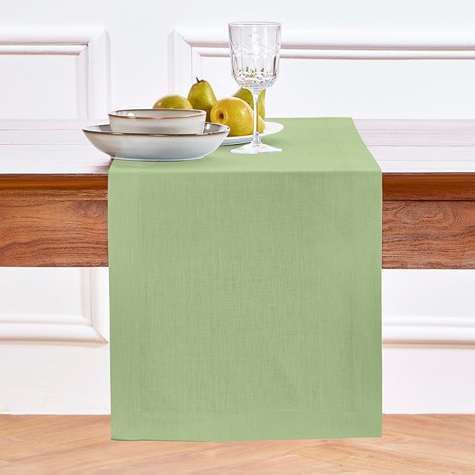 Solino Home Linen Table Runner 60 Inches - 100% Pure Linen Laurel Green Table Runner 14 x 60 Inch Ideal for Dresser and Coffee Tables, Spring, St Patricks Day, Easter - Fete