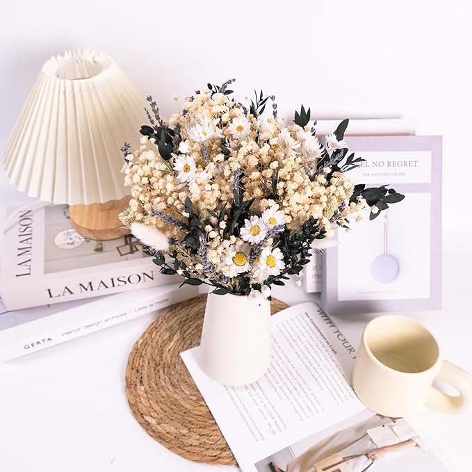 Handmade Dried Flower Bouquet – Natural White, Lavender, Baby’s Breath, Pampas Grass & Eucalyptus – Rustic Boho Style for Home Decor, Weddings, Gifts, and Events