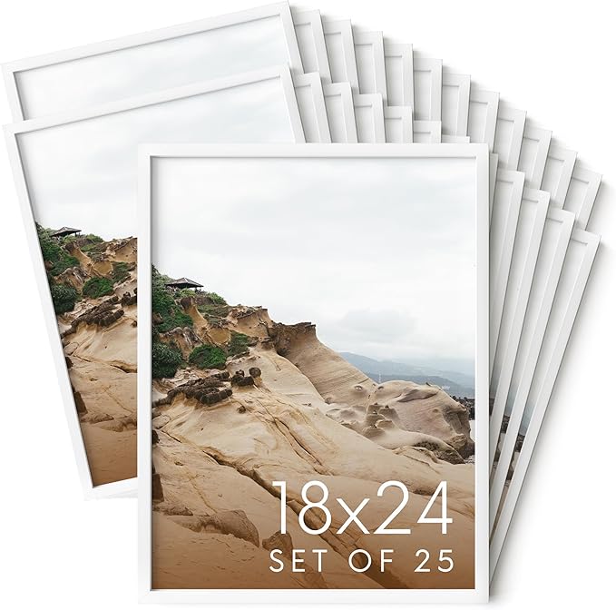 HAUS AND HUES 18x24 White Metal Picture Frames - Features Premium Aluminum, Vertical & Horizontal Hang, Shatterproof Plexiglass - Perfect for Home, Room, Office (18x24 in, White, Set of 25)