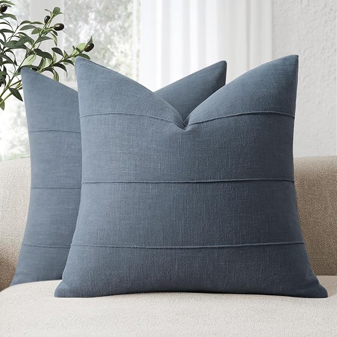 ZWJD Decorative Linen Throw Pillow Covers 26x26 Set of 2 Solid Handcrafted Striped Cushion Covers for Bed Soft Modern Farmhouse Neutral Pillowcase for Couch Bedroom Living Room Home Decor(Slate Blue)
