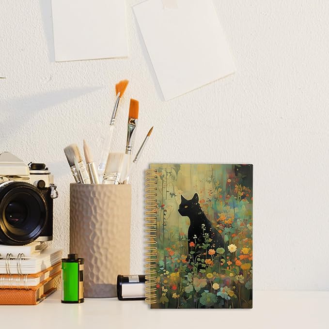 Vintage Black Cat Journal Notebook - Retro Cottagecore Floral Notebooks College Ruled for Work School, Gifts for Cats Lovers Women, Cat Office Supplies, Hardcover Spiral Notebook 5.5"x8.3"