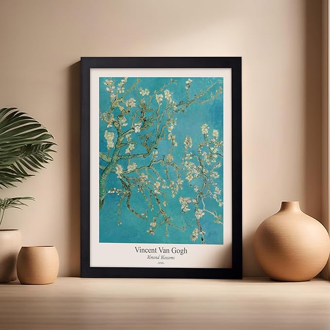 Monem Art Vintage Van Gogh Poster - Retro Almond Blossoms Print - Impressionism Art - Fine Art - Classic Painting Art - Flower Art - Floral Bedroom or Office Wall Decor - 16x20 Black Framed