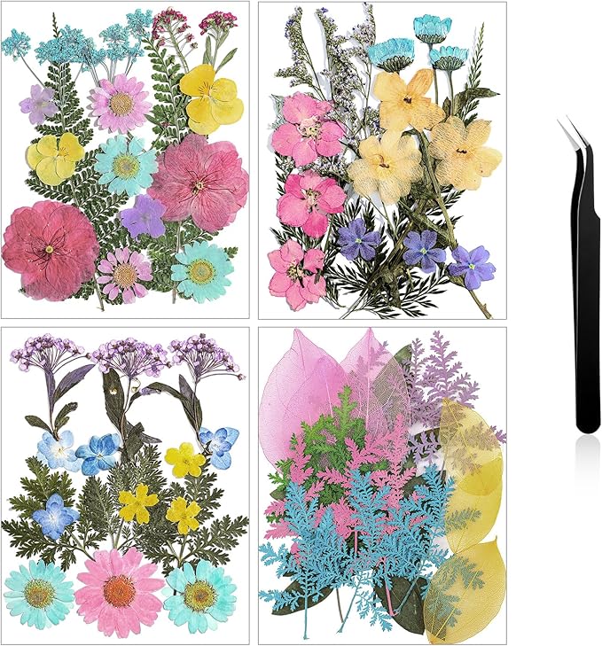 Nuanchu Pastel Dried Flower for Crafts Resin Pressed Flowers Bulk Real Dried Wildflowers Leave Natural with Tweezer for Scrapbooking Nail Soap Candle Cake Card Making DIY Christmas Craft Supplies
