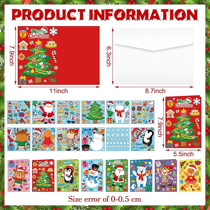 Fullhawl 48 Set Christmas Card Making Kits DIY Christmas Craft with Stickers and Envelopes Make Your Own Greeting Card Handmade Xmas Folded for Gift Party Decor Home Activities (Xmas)