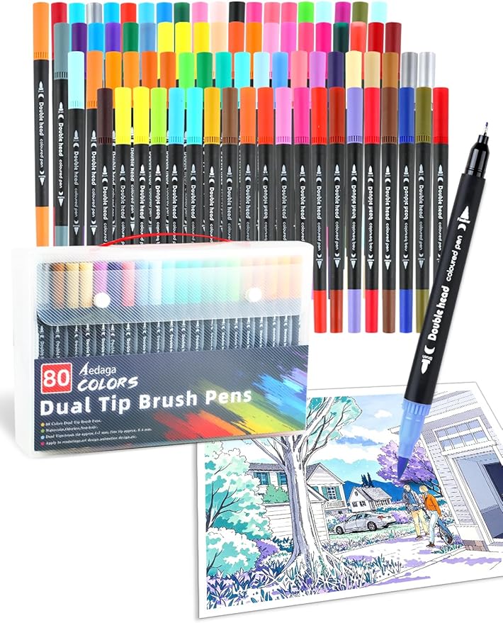 80 Colors Dual Tip Brush Pens, Fine Felt Tip and Brush Tips Colored Pens for Adults and Kids, Coloring Markers for Coloring Book Bullet Journaling Note Taking Hand Lettering