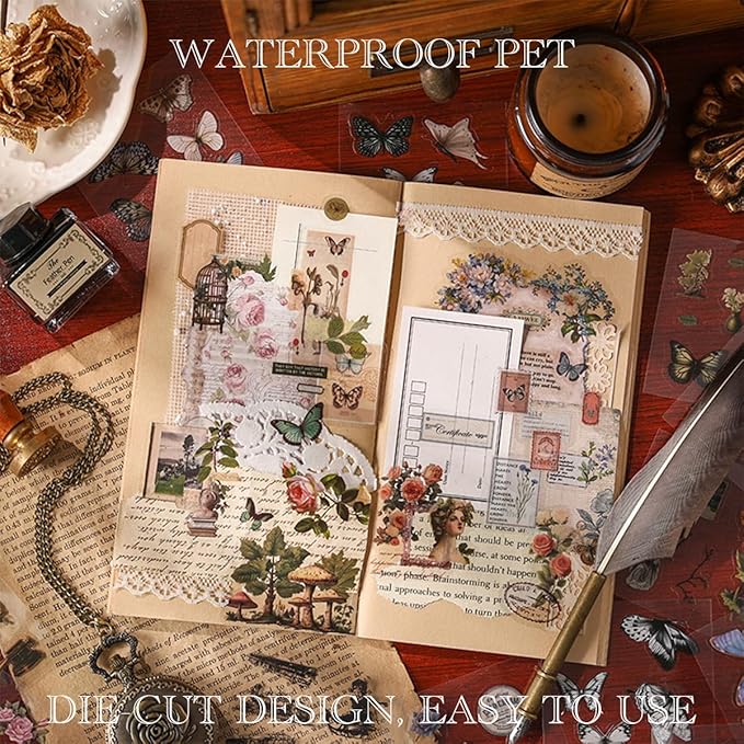 Vintage Nature Stickers for Junk Journal Supplies, 100Sheets/400Pcs Retro Flower Butterfly Plant Mushroom Decorative Stickers for Scrapbook, DIY Crafts Album Phone Cases Laptops Calendars Notebook