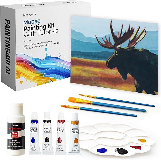DIY Painting Class Kit for Adults with Video Tutorials: Learn to Paint Moose – How to Paint with Acrylics – Painting & Art Supplies – 9 Piece Acrylic Paint Set