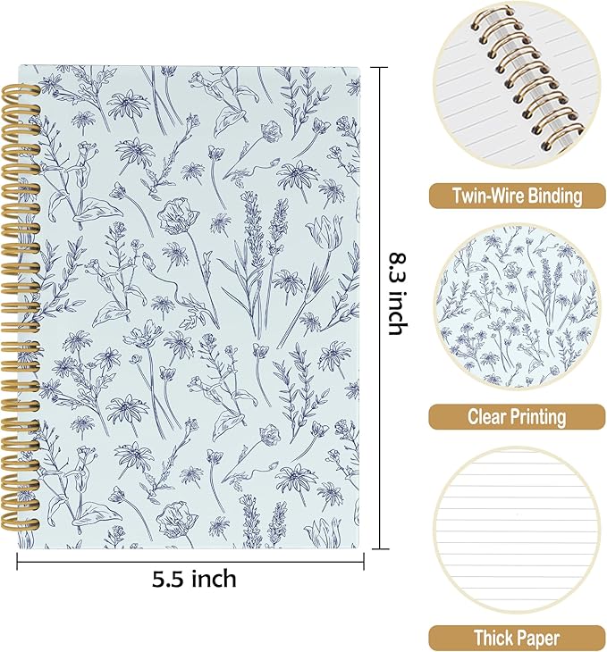 Pugwak Vintage Floral Journal Notebook - Preppy Botanical Flower Notebooks College Ruled for Work School, Gifts for Women Coworker, Office Supplies, Hardcover Spiral Notebook 5.5"x8.3"