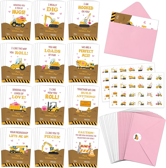 TICIAGA 144pcs Valentine’s Day Construction Truck Greeting Cards with Envelop and Sticker for Kid, 4 x 6 IN Excavator Notecard Exchange Gift for Boy Girl School Classroom Supply, Valentines Party Favor