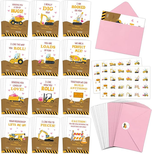 TICIAGA 144pcs Valentine’s Day Construction Truck Greeting Cards with Envelop and Sticker for Kid, 4 x 6 IN Excavator Notecard Exchange Gift for Boy Girl School Classroom Supply, Valentines Party Favor