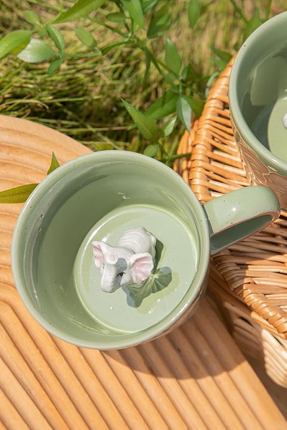 DIHOclub Elephant Coffee Cup Ceramic 3D Wild Animal Inside Mug,Cute Cartoon Handmade Figurine Mugs,Holiday and Birthday Gift for Coffee Milk Tea Lovers,12 O(Green Elephant)