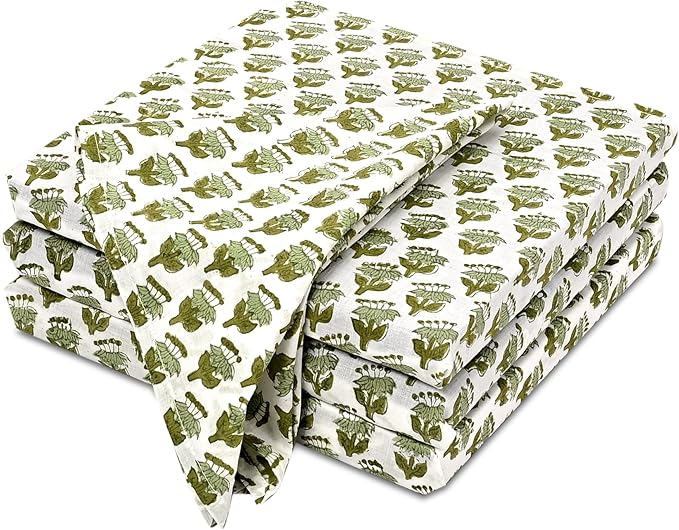 CPC Cloth Napkins 100% Cotton Set of 4 Reusable Napkins, Indian Block Print Toile Floral Dinner Napkin, Fall Thanksgiving Christmas Holiday Party Gift - Soft Absorbent Napkin, 18"x18" Emerald Green