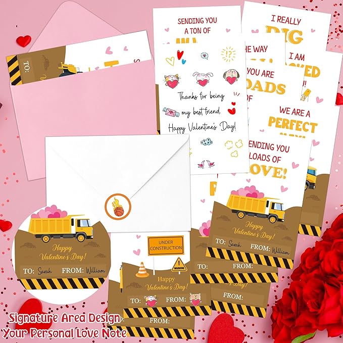 TICIAGA 72pcs Valentine’s Day Construction Truck Greeting Cards with Envelop and Sticker for Kid, 4 x 6 IN Excavator Notecard Exchange Gift for Boy Girl School Classroom Supply, Valentines Party Favor