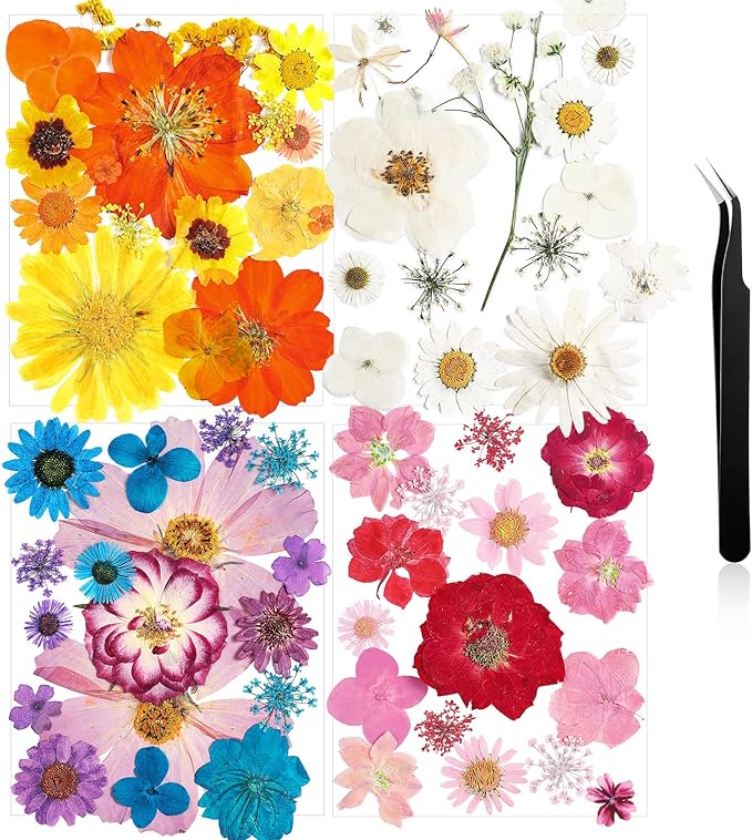Nuanchu Dried Flower for Crafts Resin Pressed Flowers Bulk Real Dried Wildflowers Leave Natural with Tweezer for Scrapbooking Resin Mold Nail Soap Candle Cake Card Making DIY Christmas Craft Supplies
