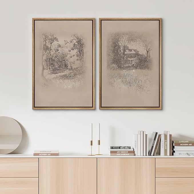 SIGNWIN Framed Canvas Print Wall Art Set Countryside Home and Trees Sepia Landscape Drawings Illustrations Modern Art Scenic Colorful for Living Room, Bedroom, Office - 24"x36"x2 Natural