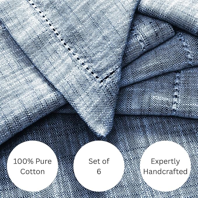 Slub Textured Dinner Napkins Set of 6-100% Cotton Cloth Napkins 18x18 Inch - Soft Durable Washable Fabric Napkins for Everyday Use & Special Occasions Christmas - Blue