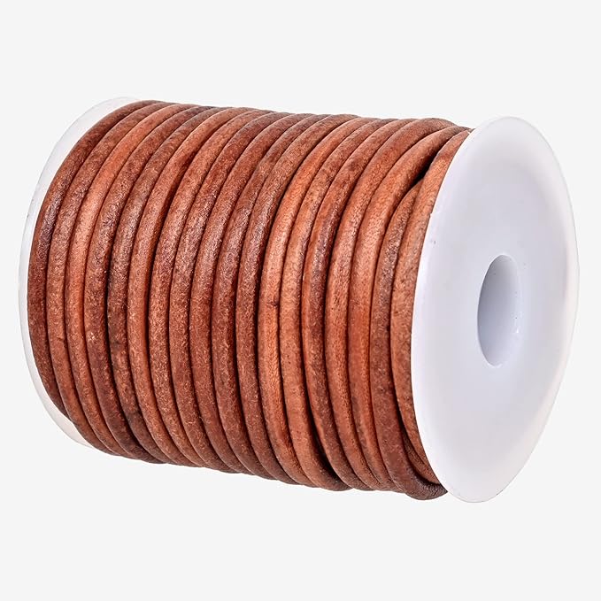 GENIQUE Real/Genuine Round Leather String Cord for Necklace, Bracelets, Jewelry, Kumihimo Braiding, DIY Projects (10 Metres) (3mm, Light Brown Distressed)