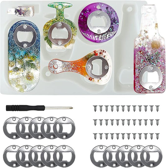 Bottle Opener Resin Molds, Lovppy Beer Opener Silicone Molds, Epoxy Resin Casting Molds, Beer Spanner Kit with Screwdriver and Patch, DIY Jewelry Craft Mold for Bottle Opener Keychain Wine Corkscrew