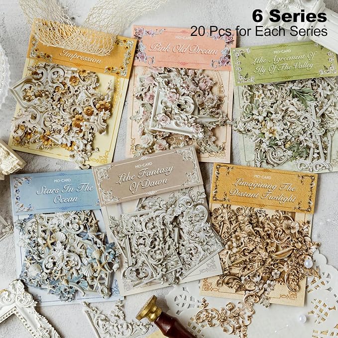 120Pcs Baroque Relief Corner Paper Embellishments, Retro Ornamental Frame Ephemera for Scrapbooking, Journaling, Junk Journal Supplies, and DIY Crafts with Glue Tape