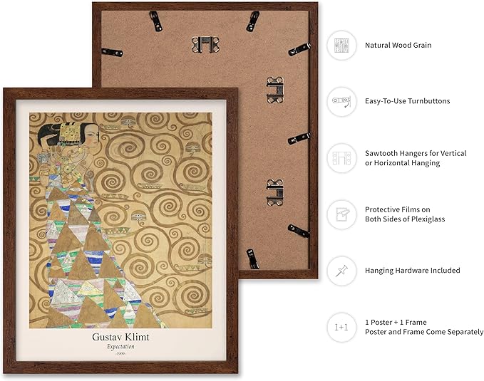 Poster Master Vintage Gustav Klimt Poster - Retro Expectation Print - Art Nouveau - Symbolism Art - Abstract Art - Aesthetic Art - Classic Painting - Living Room Wall Decor - 16x20 Brown Framed
