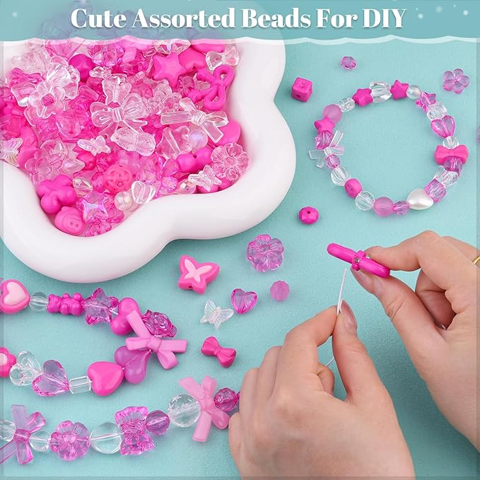 200-260PCS TINKRSTUFF Assorted Acrylic Beads Rose Pink Cute Beads for Bracelet Making, Bow Aesthetic GummyBear Flower Butterfly Kawaii Charms for Jewelry Making DIY Necklace Keychain Phone Charm