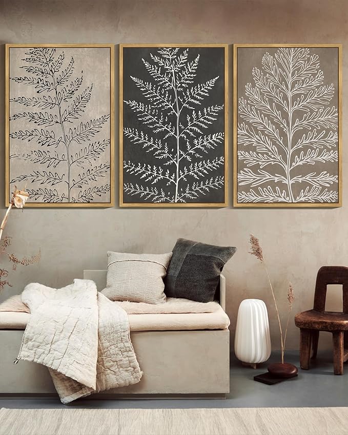 KUVIOKE Vintage Botanical Framed Wall Art Bohemian Tan Plant Leaf Wall Decor Nature Fern Plant Silhouette Wall Painting Home Decor 24x36in (Natural Framed)
