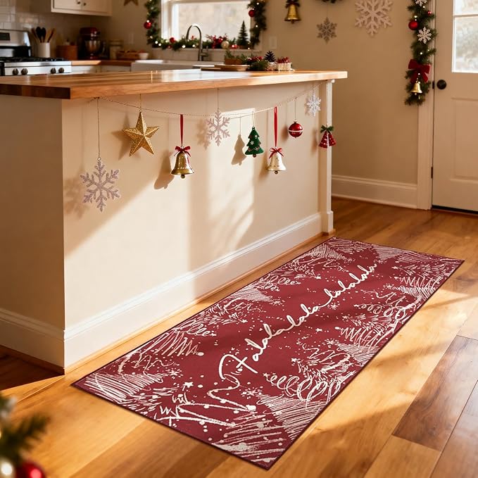 jinchan Deck The Halls Christmas Runner Rug 2x5 for Entryway Washable Christmas Tree Kitchen Rug Red Xmas Mat for Hallway Non-Slip Soft Carpet Winter Festive Holiday Decor for Bathroom Porch Bedside