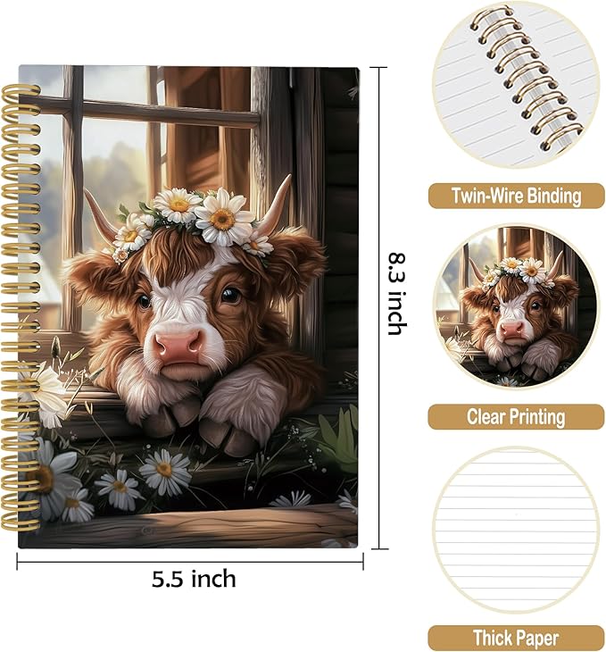 Highland Cow Journal Notebook - Western Farmhouse Floral Notebooks College Ruled for Work School, Highland Cow Gifts for Women, Western Office Supplies, Hardcover Spiral Notebook 5.5"x8.3"