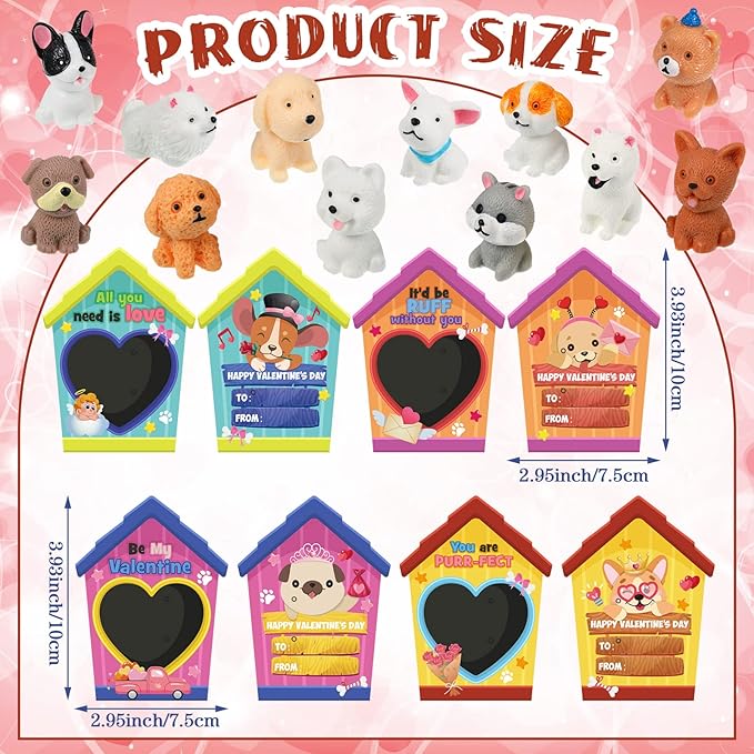 Zhanmai 48 Pcs Dog Valentine's Day Gifts Card and Dog Resin Figurines Miniature Puppy Heart Greeting Card for Valentine Party Favors Exchange Prizes Gifts (Vivid)