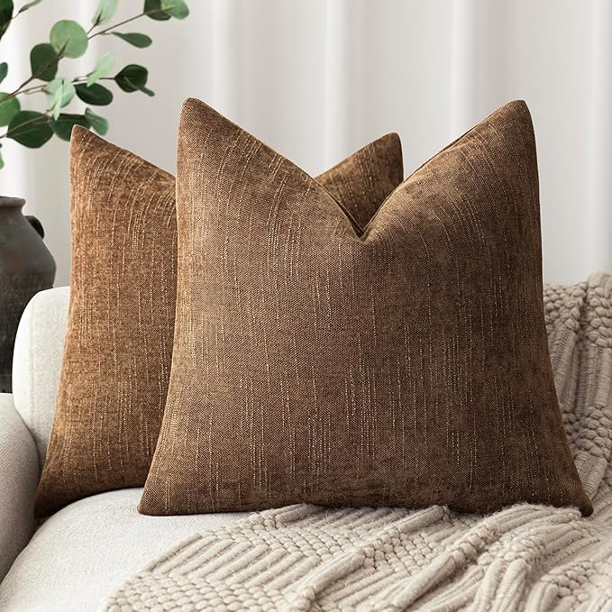 Foindtower Set of 2 Soft Textured Chenille Throw Decorative Pillow Covers Square Accent Solid Cushion Cover Cozy Neutral Farmhouse Pillow Case for Couch Sofa Bedroom Living Room 22x22 Inch,Dark Bronze