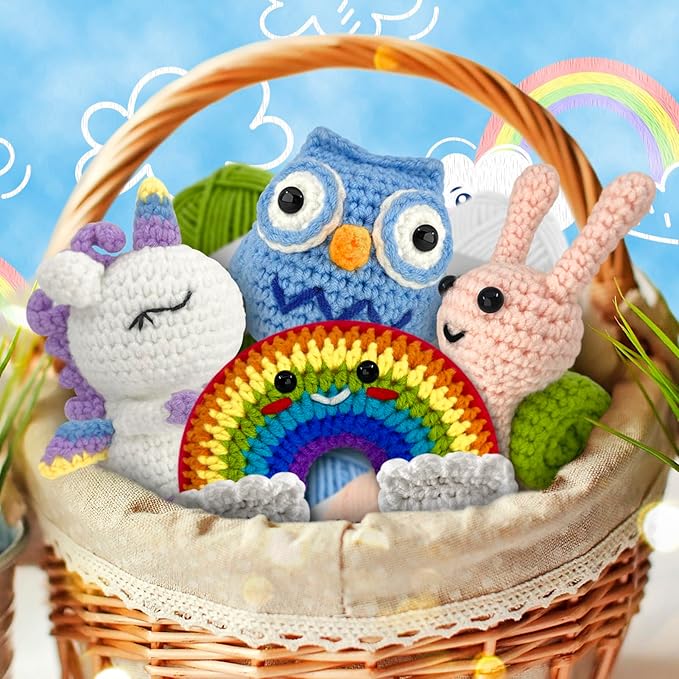 Roomaze Crochet Kit for Beginners,4 Pack Crochet Kits with Step-by-Step Video Tutorials, DIY Crochet Starter Kit for Adults Craft Kits for Adults-Ideal for A Gift (Owl,Unicorn,Snail,Rainbow)