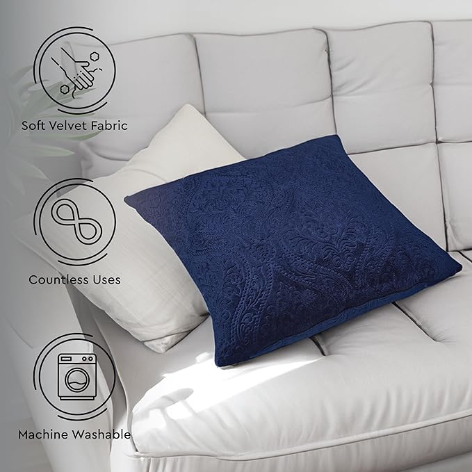Encasa XO Luxury Embossed Velvet Throw Pillow Covers - Plush Cushion Covers for Elegant Living Rooms & Bedrooms, Machine Washable, 18"x18" Navy Blue | Set of 2 | Covers Only No Insert