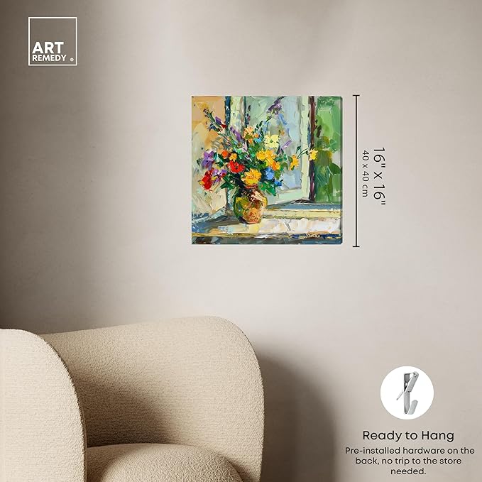 Art Remedy Vase By The Window Gallery Wrapped Impressionism 1 Piece Canvas Wall Art/Monet And Van Gogh Inspired Art, 16" x 16", Gallery Wrapped