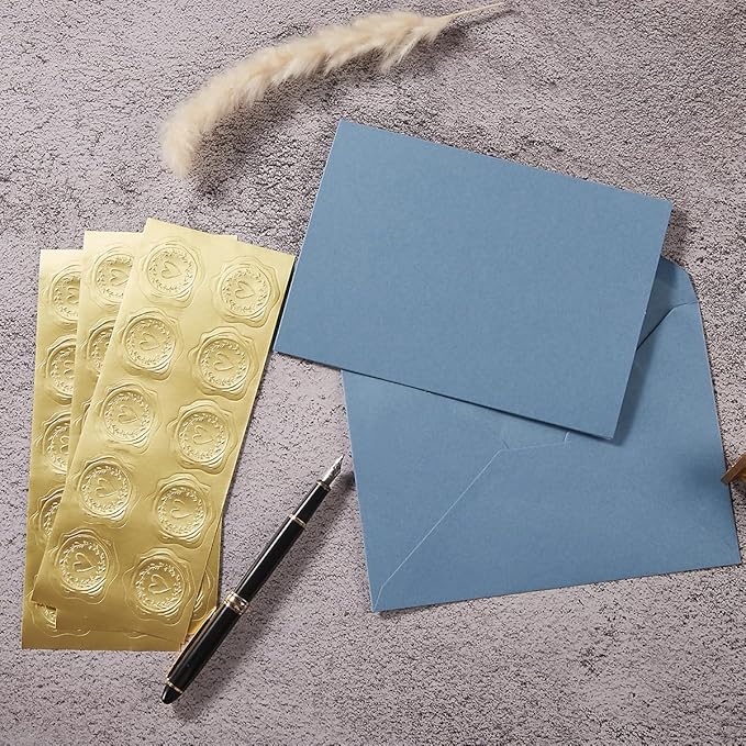 50 Pack Dusty Blue A6 Envelopes with Cards 4x6 Thick Folded Cardstock and Gold Stickers for Greeting Cards, Wedding, Birthday, Invitations, Baby Showers (Dusty Blue, 4x6)