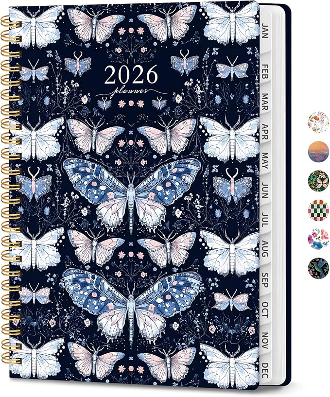 2026 Planner, Weekly and Monthly Calendar Planner for Women, Jan 2026 - Dec 2026, Hardcover Planning Agenda book with Tabs, Spiral Bound, Inner Pocket, Perfect for School Office Supplies, 6.3" x 8.5" - Moonlight Butterflies