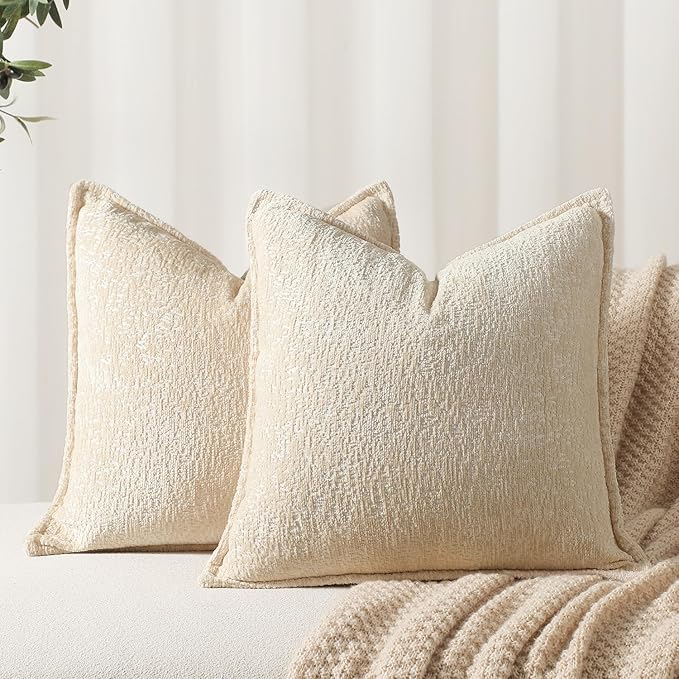 Pack of 2 Beige Decorative Throw Pillow Covers 18x18 Cozy Soft Chenille Boho Accent Vintage Farmhouse Square Couch Pillow Covers for Home Decor Bed Sofa Living Room